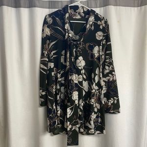 Dark green, long sleeve, floral print dress.